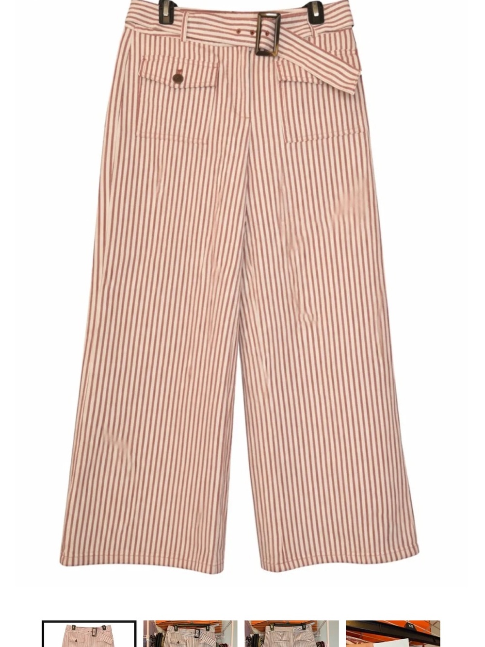 LOFT Striped Wide-Leg Pants with Belt - Salmon and White - Size M/8